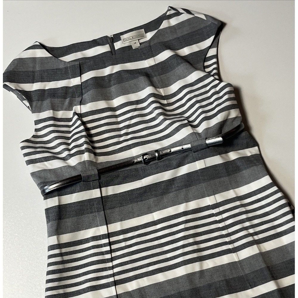 Dana Buchman Belted Sheath Dress Sz 14 Gray White Striped Lined Sleeveless